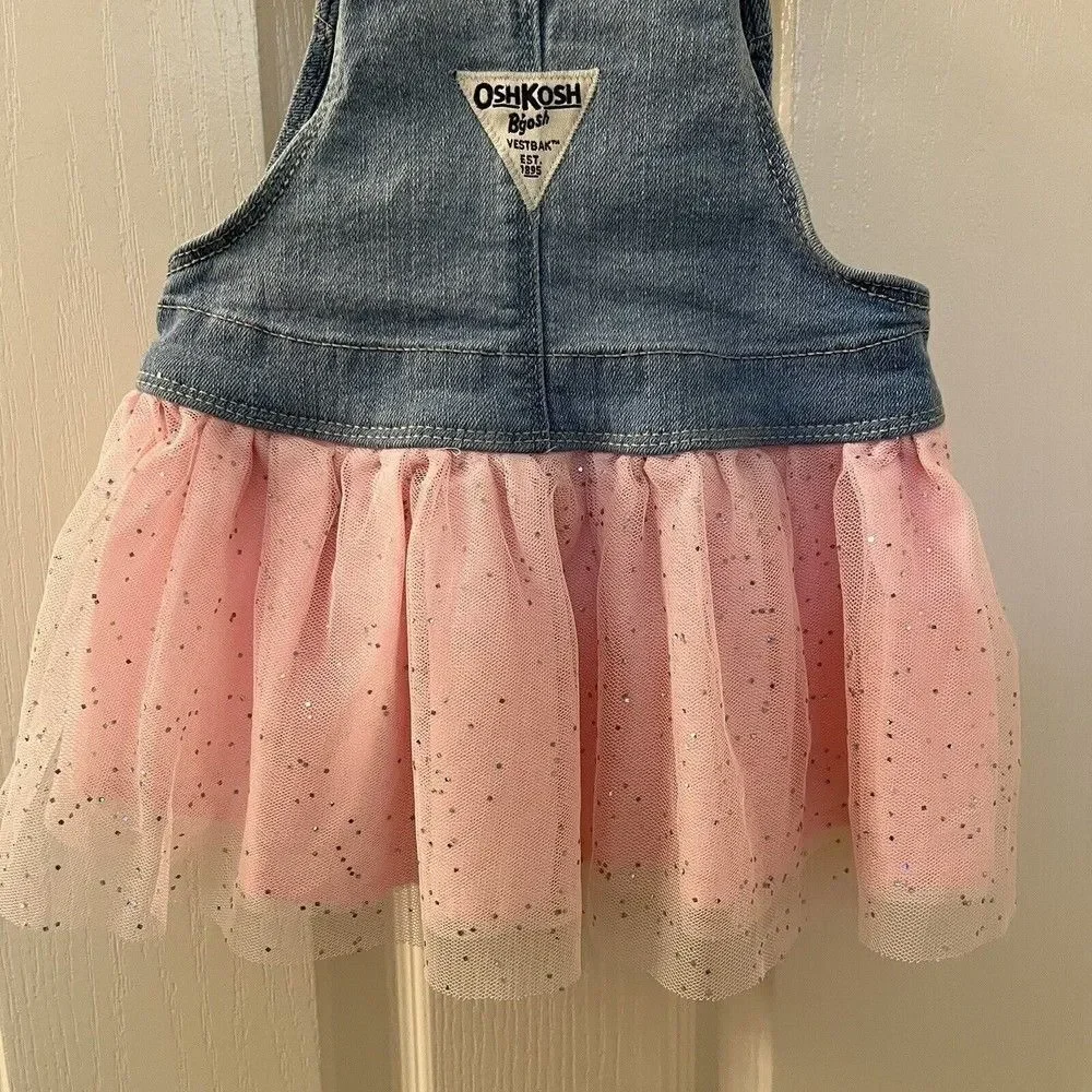 Oshkosh B'gosh Unicorn Overall Dress Pink Tulle Vestbak Denim Girls SZ 12 Months